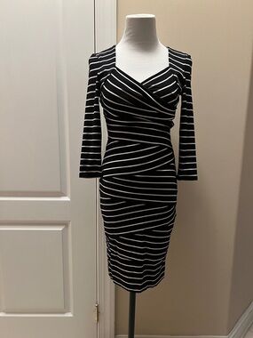 White House Black Market Black & White Striped Wrap-Style with Zipper Dress